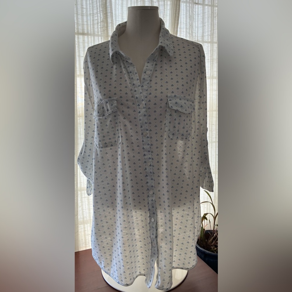 Eden & Olivia White Button-Down Shirt with Blue Anchor Print - Picture 3 of 9